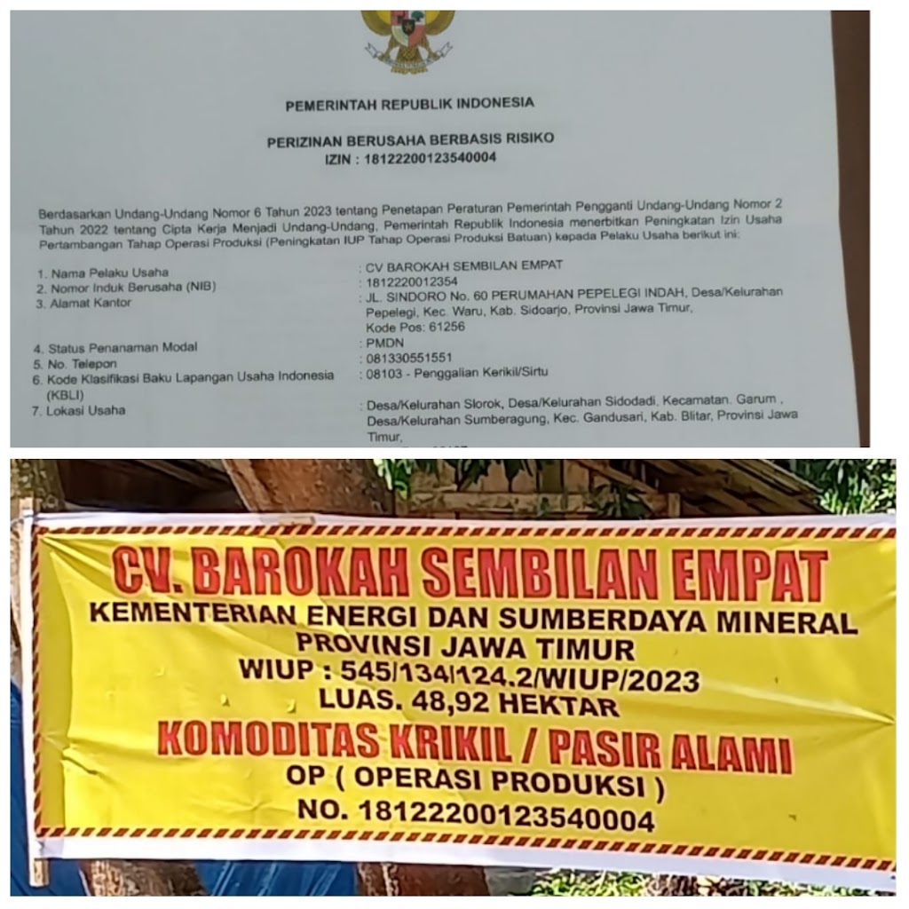 Nomor NIB CV Barokah Sembilan Empat dan dugaan nomor IUP palsu di banner yang sama